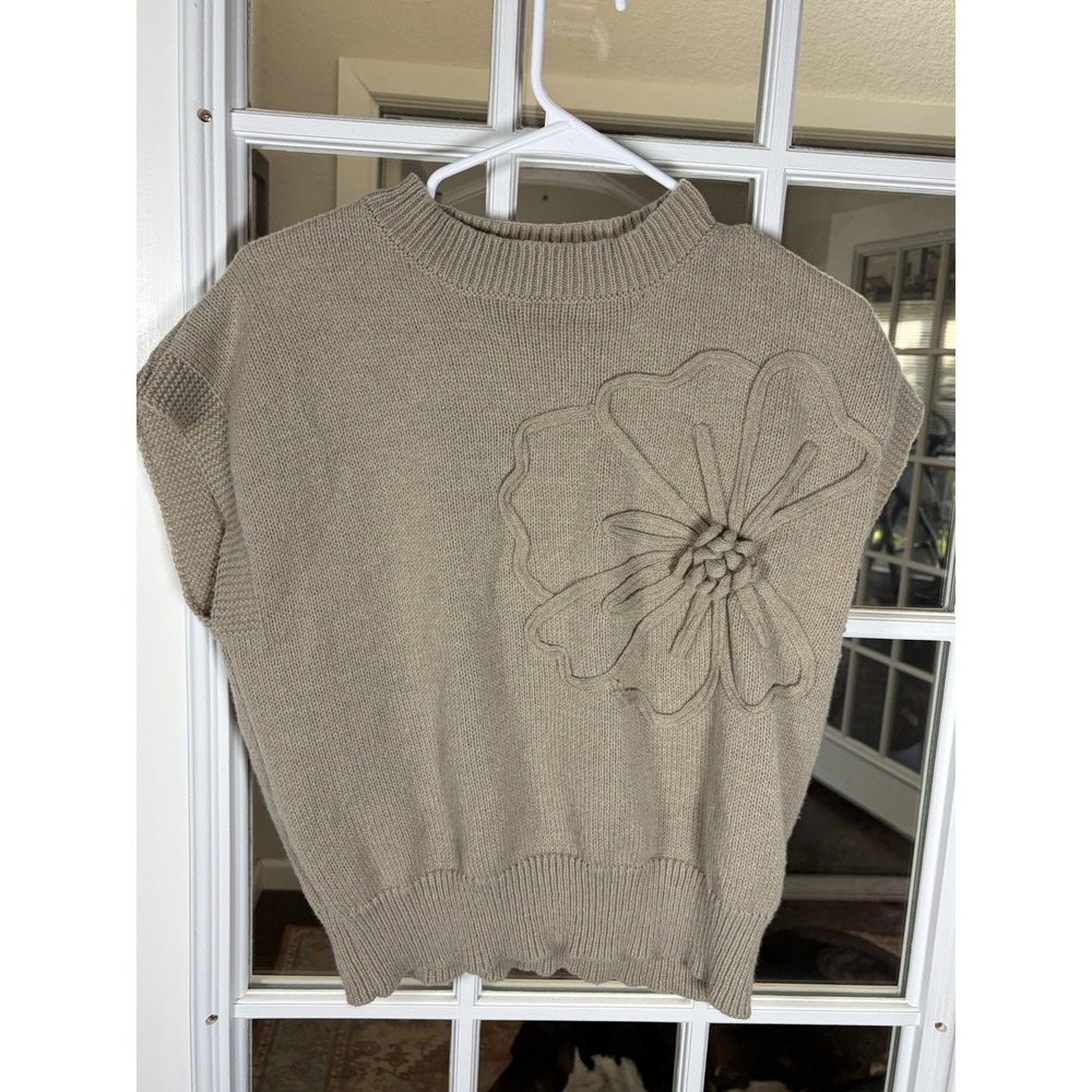 Beige 3D Floral Embossed Cap Sleeve Sweater Mock Neck Minimalist Quiet Luxury XS